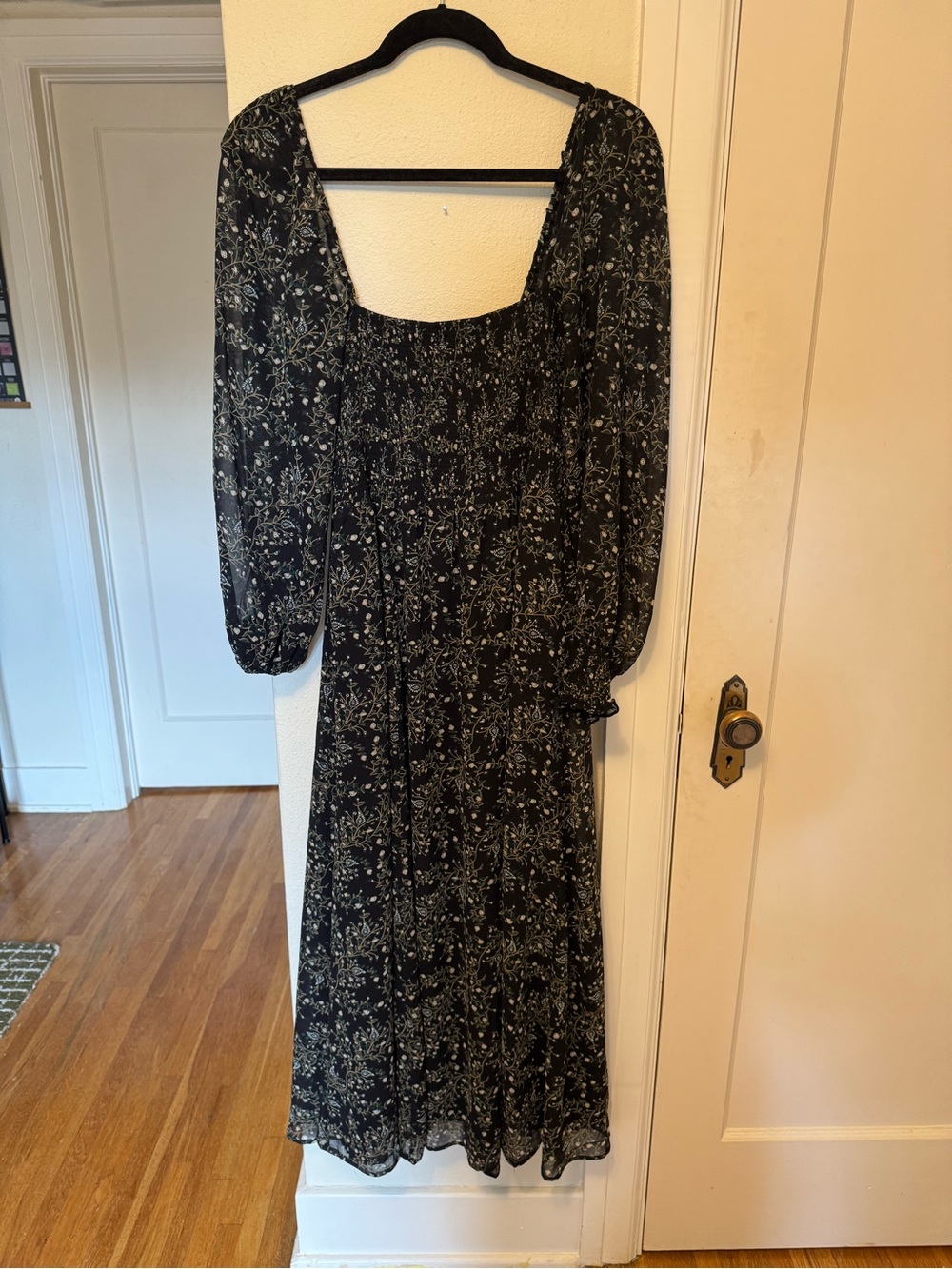 o.p.t. Floral Square-Neck Black Midi Dress with Puff Sleeves